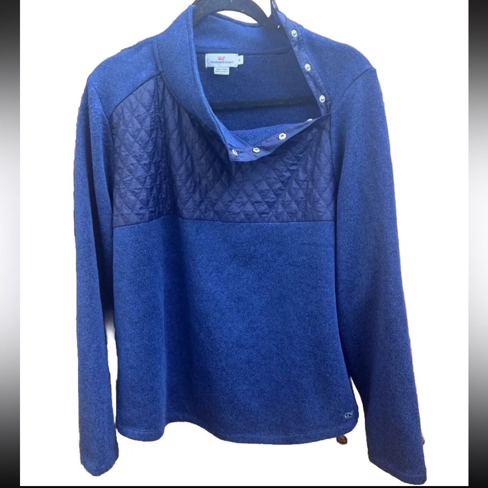 Vineyard Vines 1/4 Snap Navy Blue Sweater Womens XL Quilted Knit Diagonal Snap